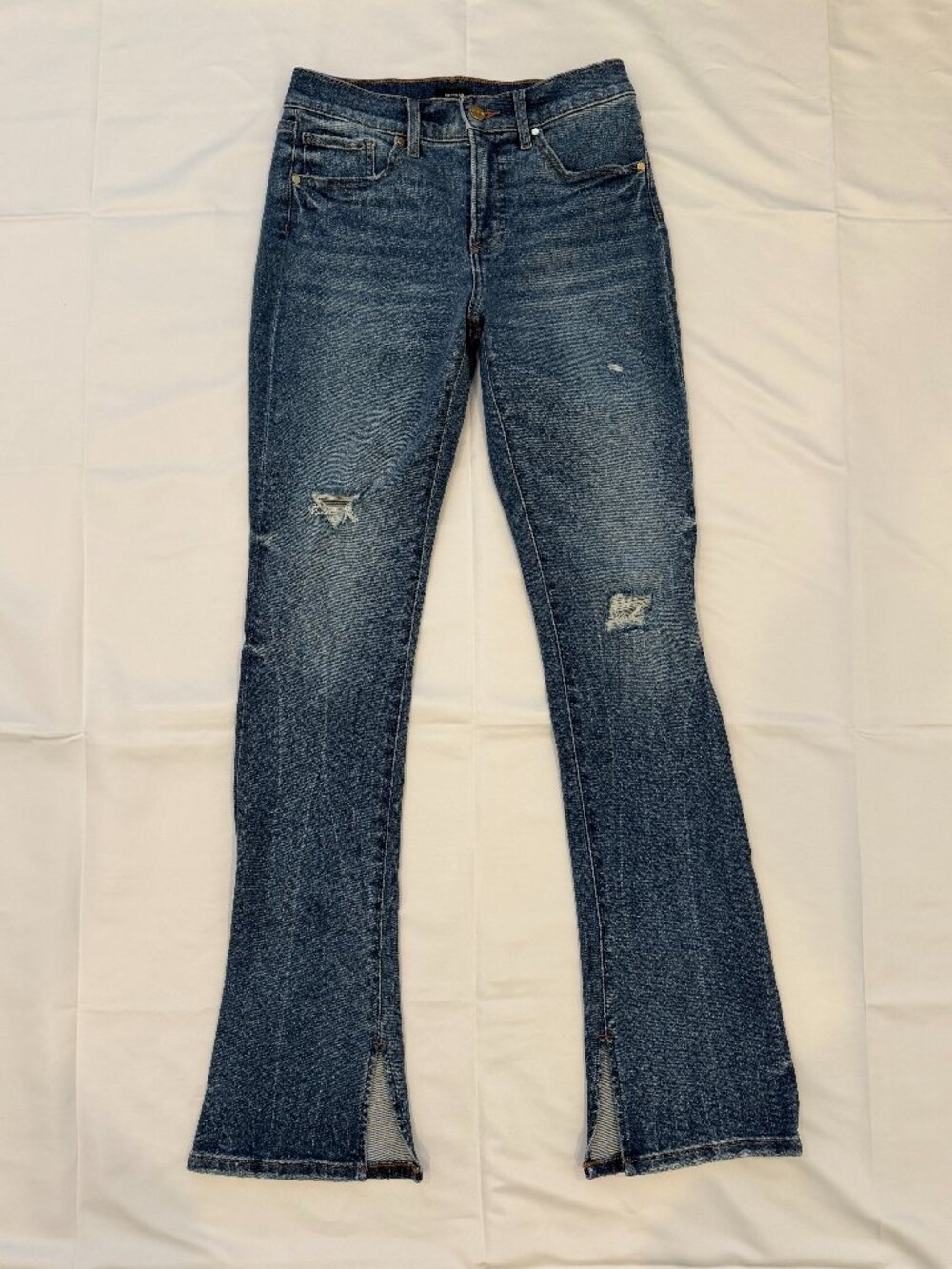 Express Skyscraper Mid Rise Distressed Flare Jeans Size 4R Split Hem